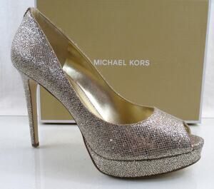 Michael Kors Erika Platform Open Toe Pumps Heels Glitter Silver / Sand Size 10